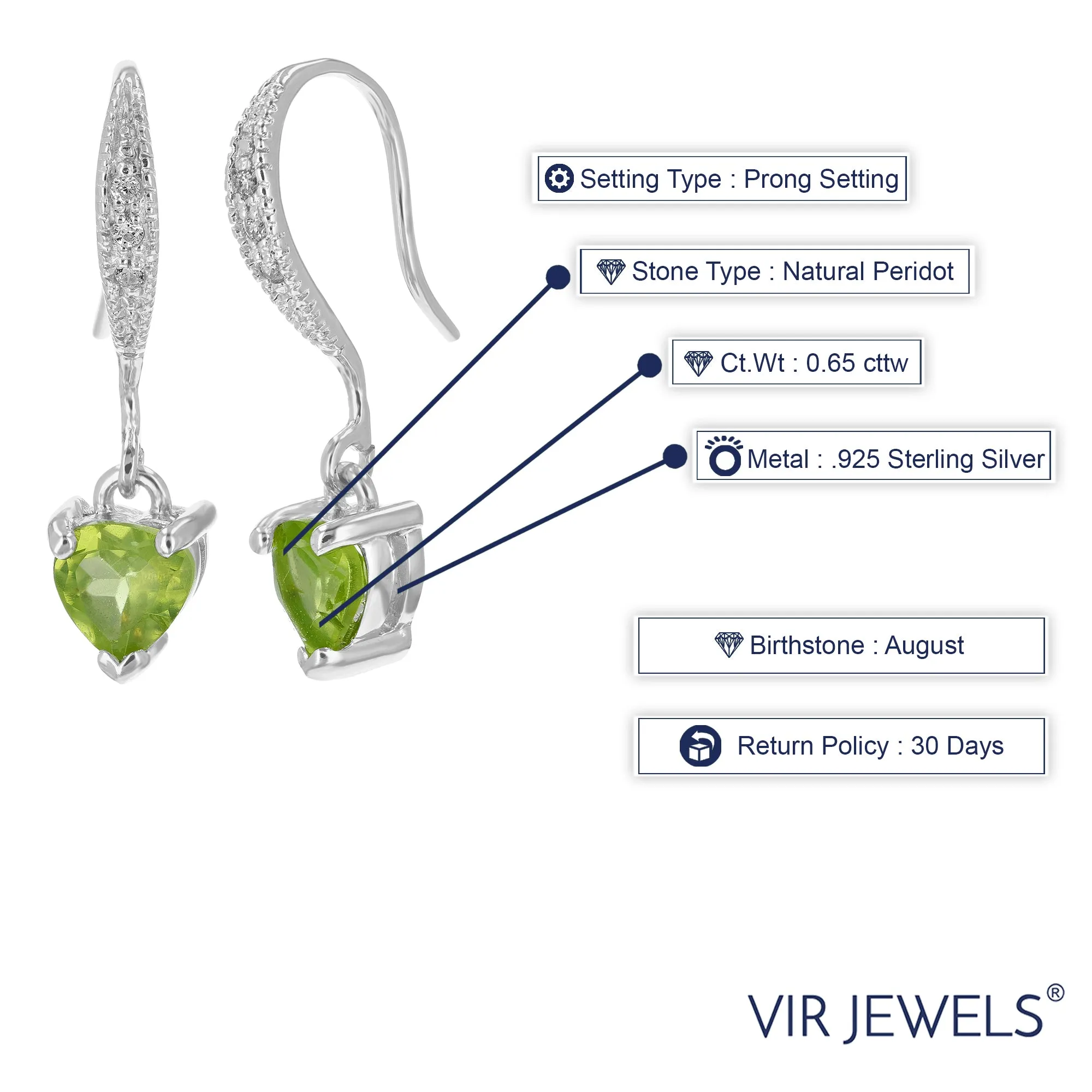 0.65 cttw Peridot Dangle Earrings .925 Sterling Silver With Rhodium 5 MM Heart