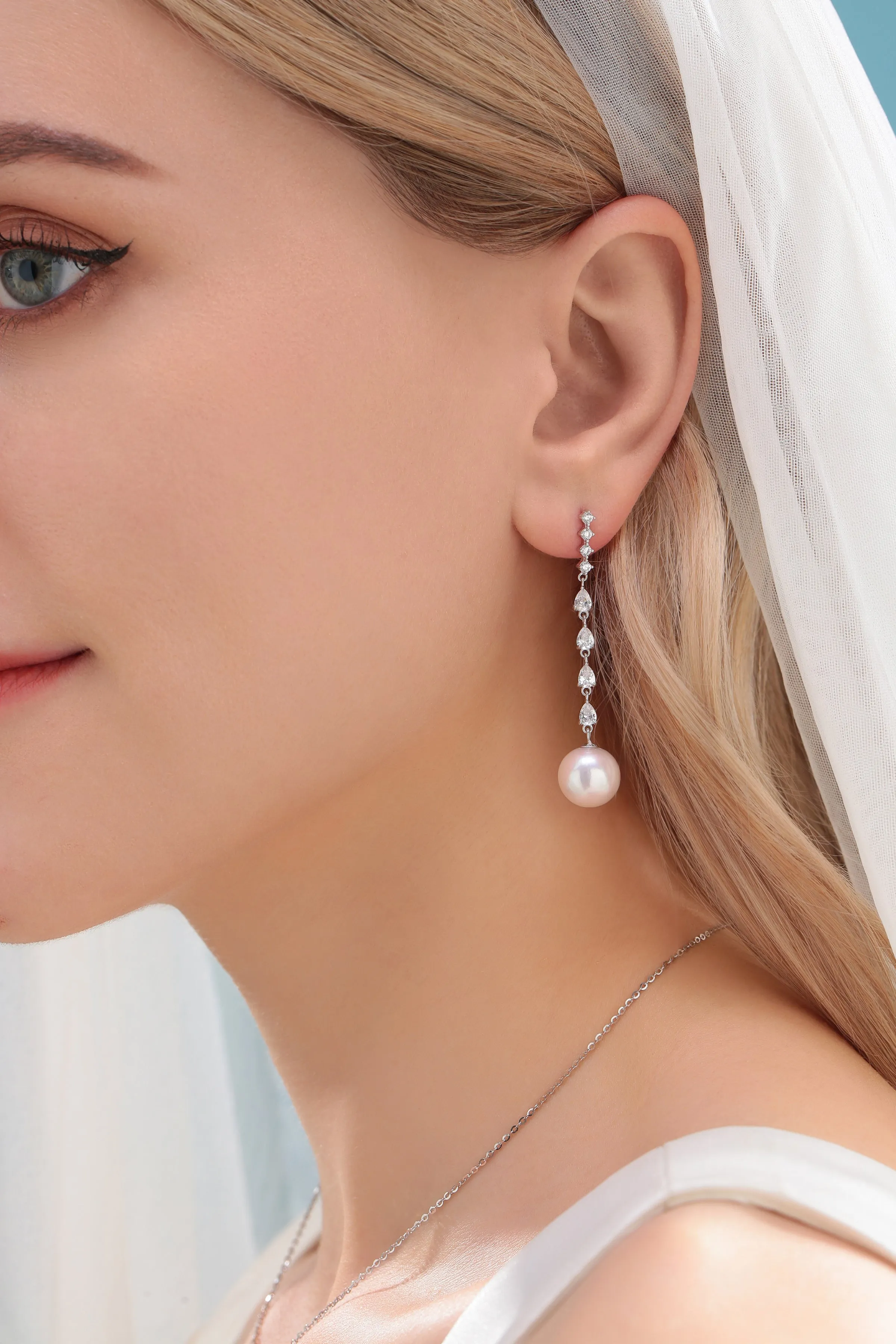 10-11mm Freshwater Pearl & Sparkling Long Freshwater Pearl Earrings