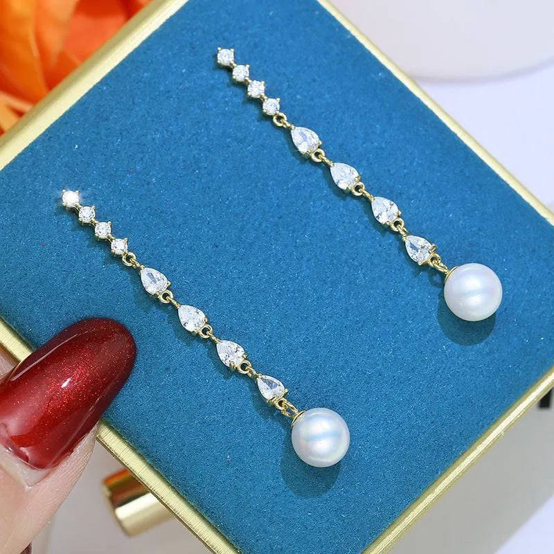 10-11mm Freshwater Pearl & Sparkling Long Freshwater Pearl Earrings