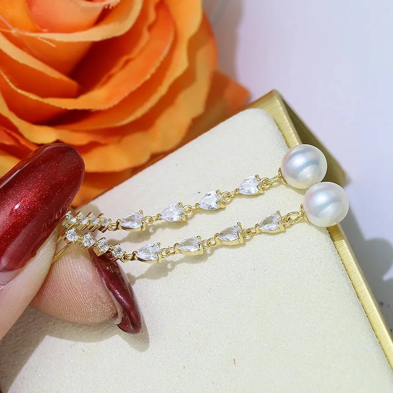 10-11mm Freshwater Pearl & Sparkling Long Freshwater Pearl Earrings