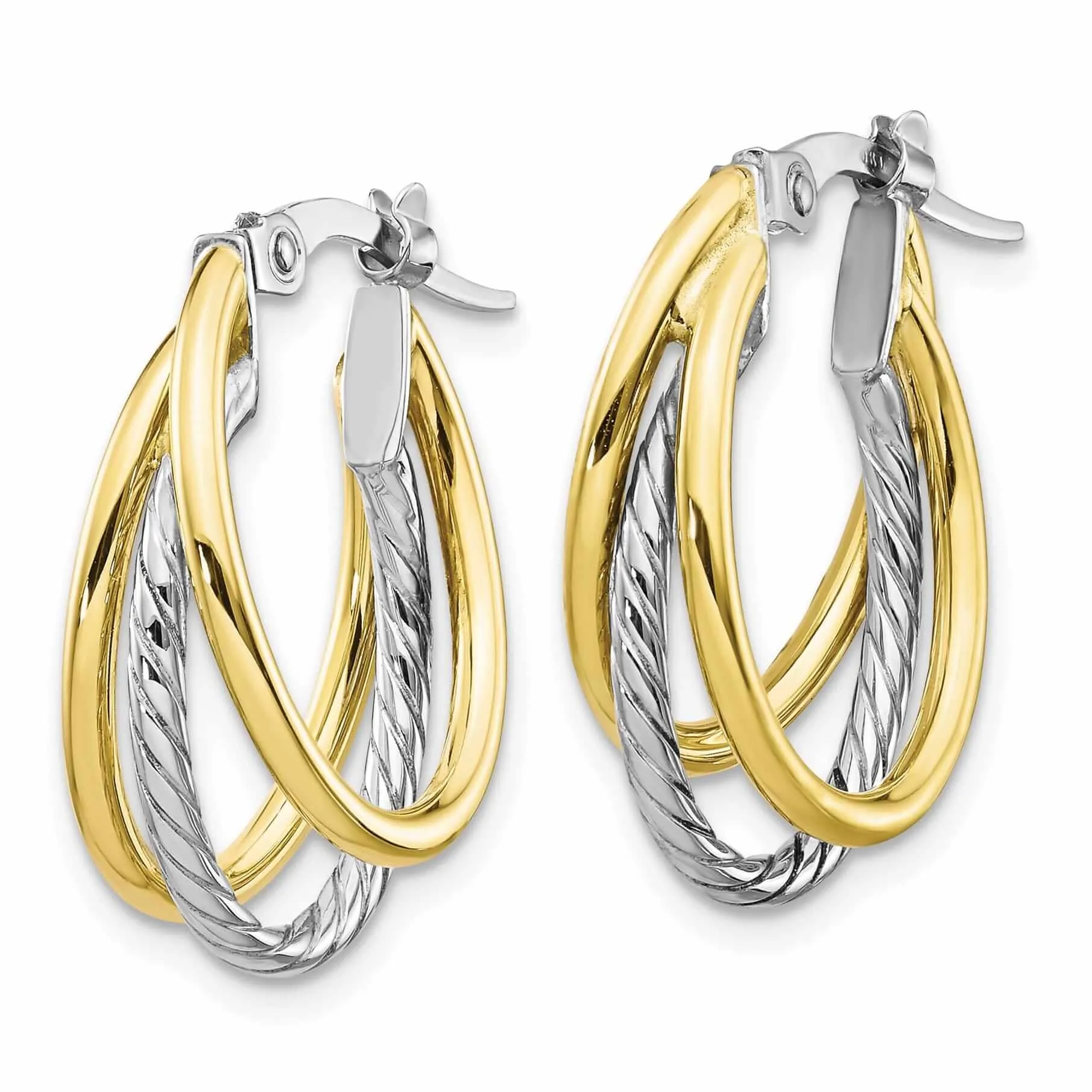10K Two Tone Gold Polish Texture Hoop Earrings