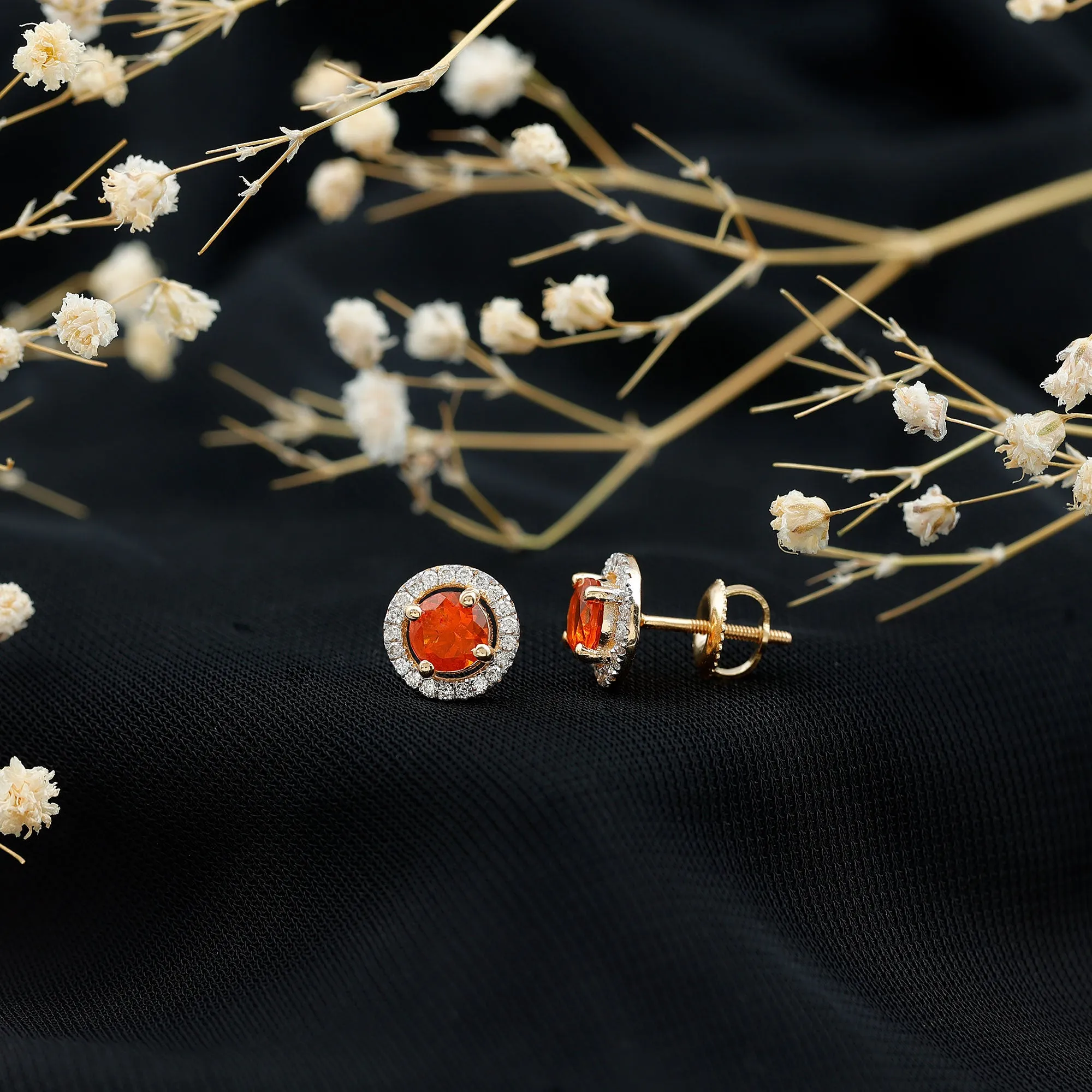 1.25 CT Fire Opal and Diamond Halo Stud Earrings