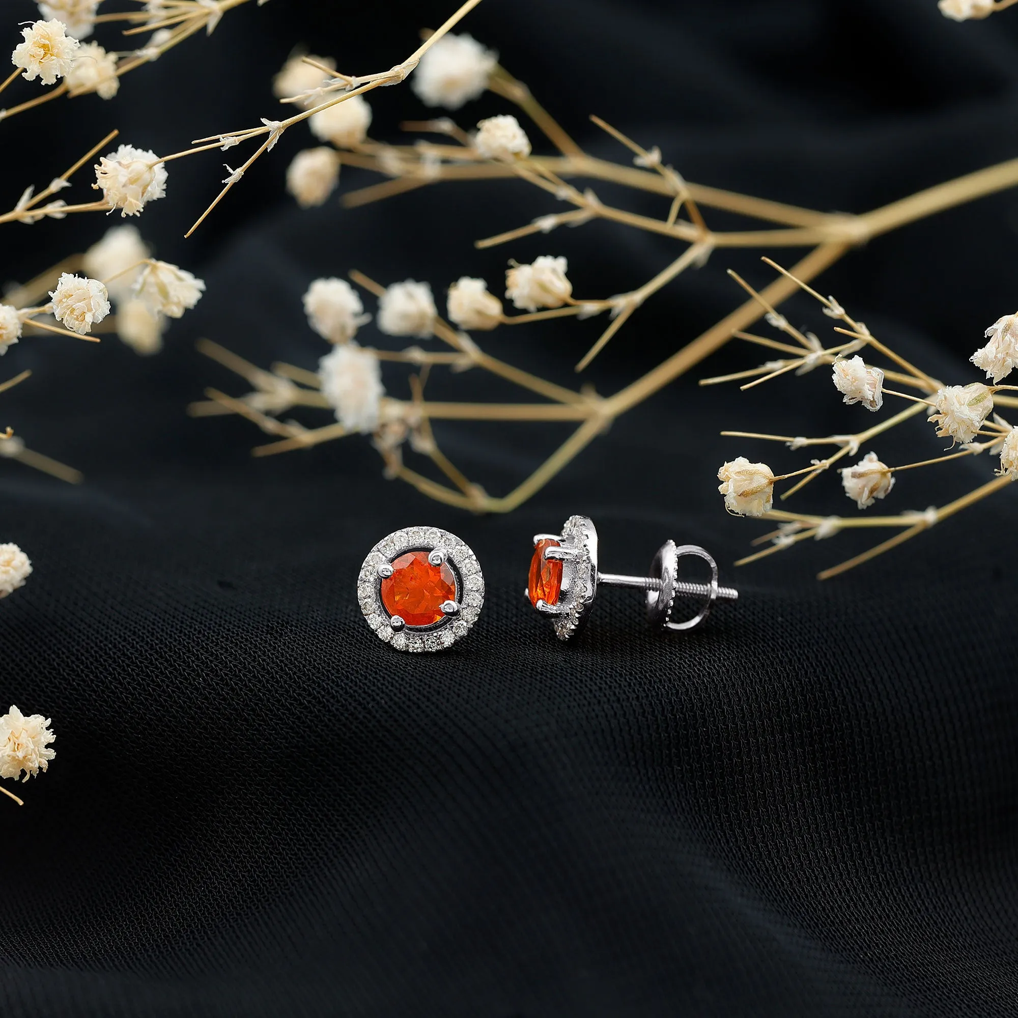 1.25 CT Fire Opal and Diamond Halo Stud Earrings