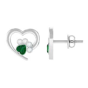 1/4 CT Created Emerald and Moissanite Heart Paw Stud Earrings