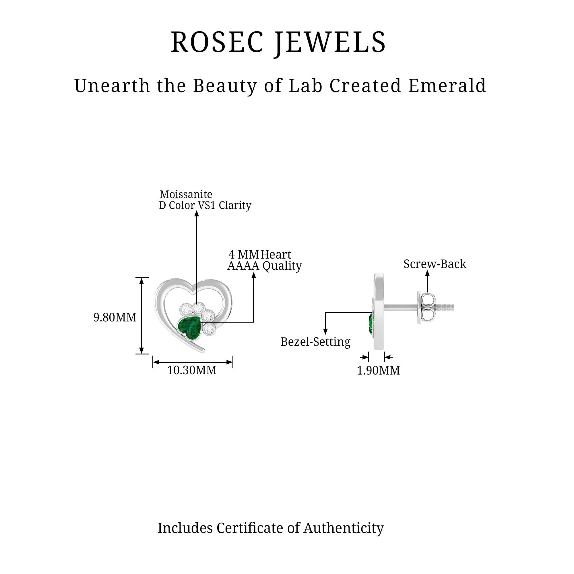 1/4 CT Created Emerald and Moissanite Heart Paw Stud Earrings