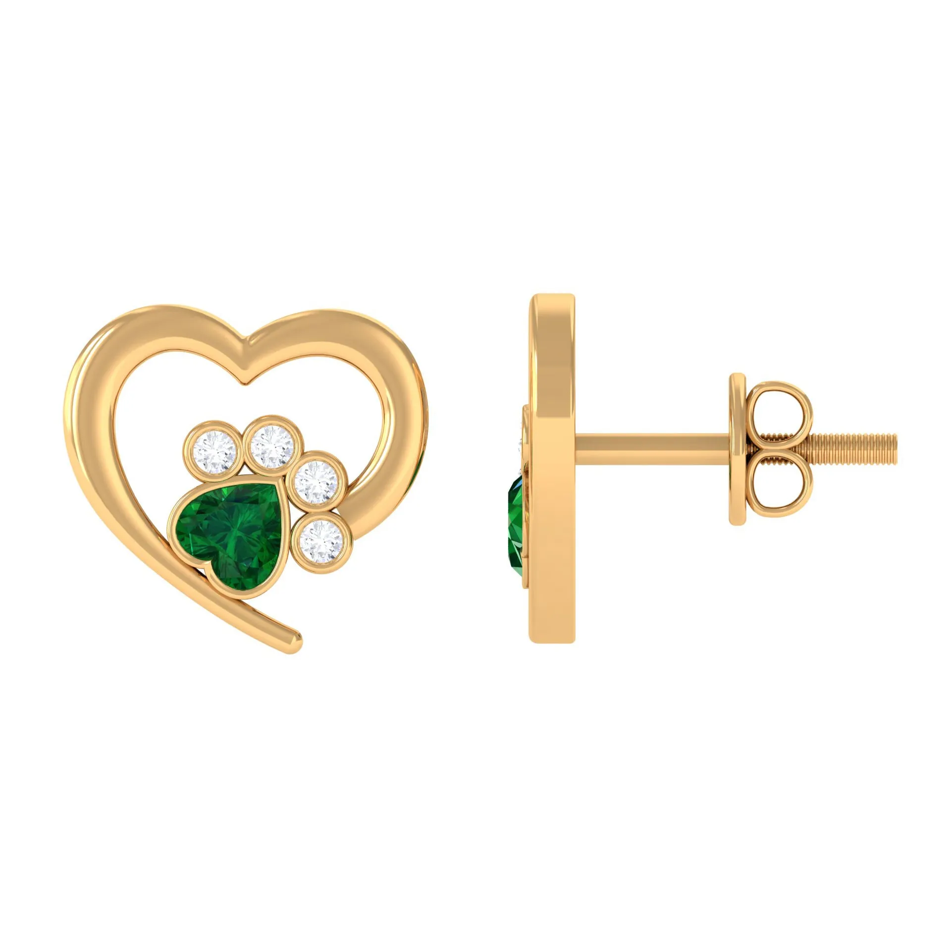 1/4 CT Created Emerald and Moissanite Heart Paw Stud Earrings