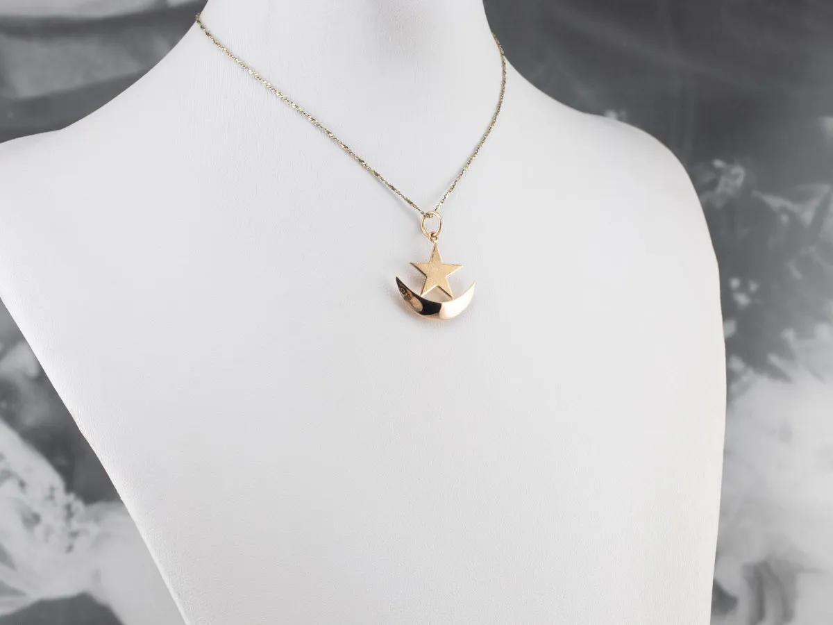 14K Rose Gold Crescent Moon Star Pendant