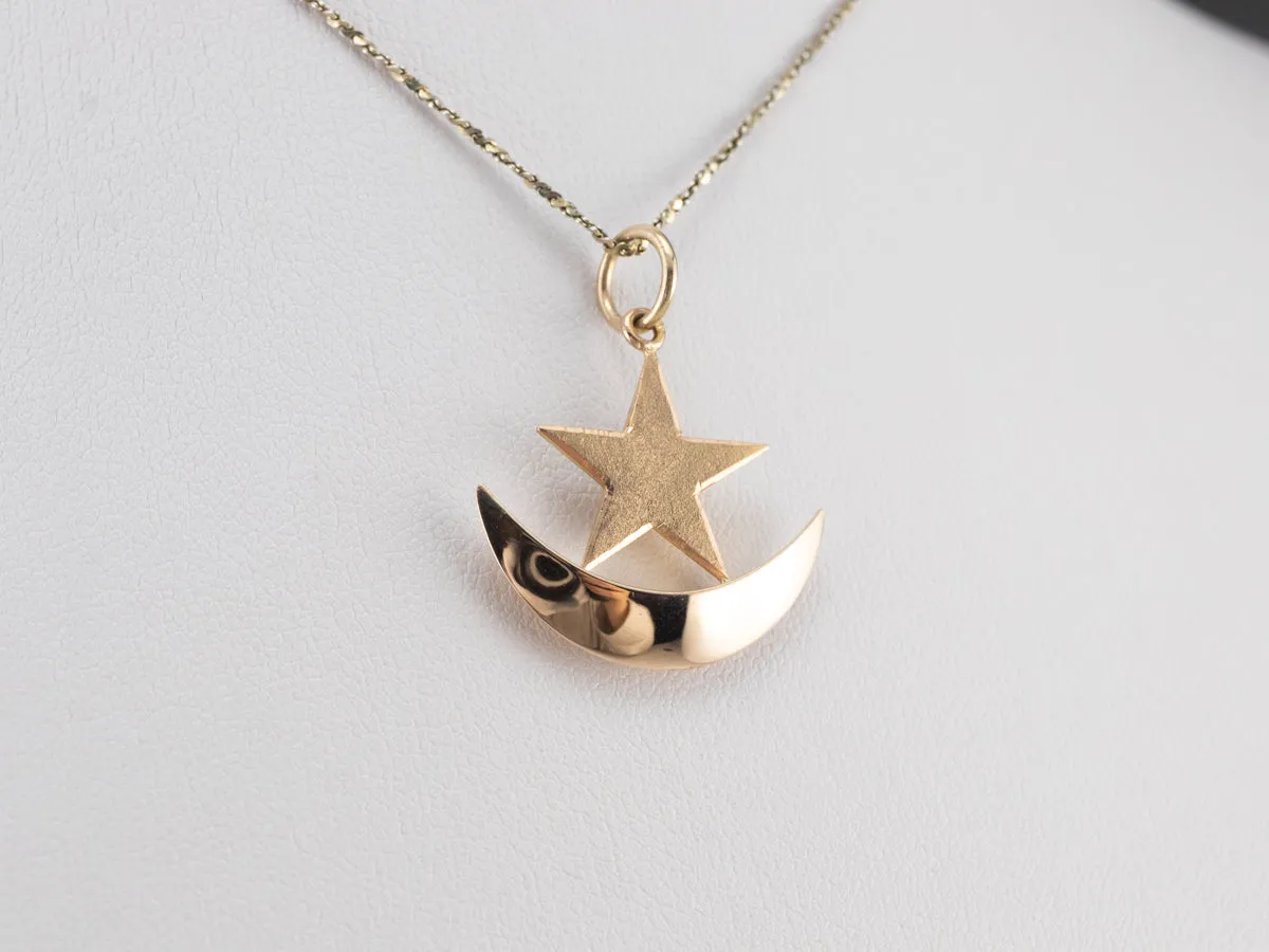 14K Rose Gold Crescent Moon Star Pendant