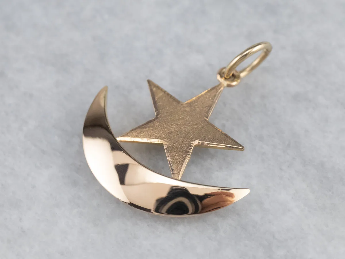 14K Rose Gold Crescent Moon Star Pendant