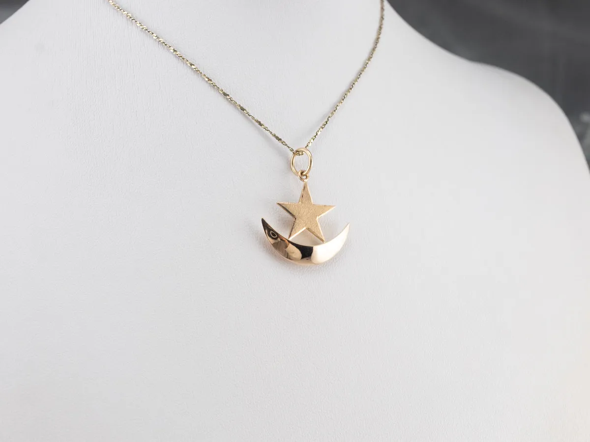 14K Rose Gold Crescent Moon Star Pendant