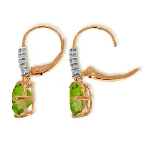 14K Solid Rose Gold Leverback Earrings Natural Diamond & Peridot Class