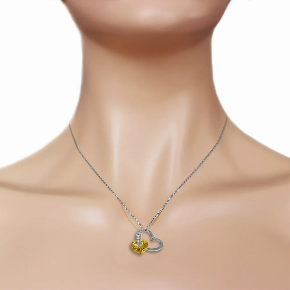 14K Solid White Gold Heart Necklace Natural Diamond & Citrine Jewelry