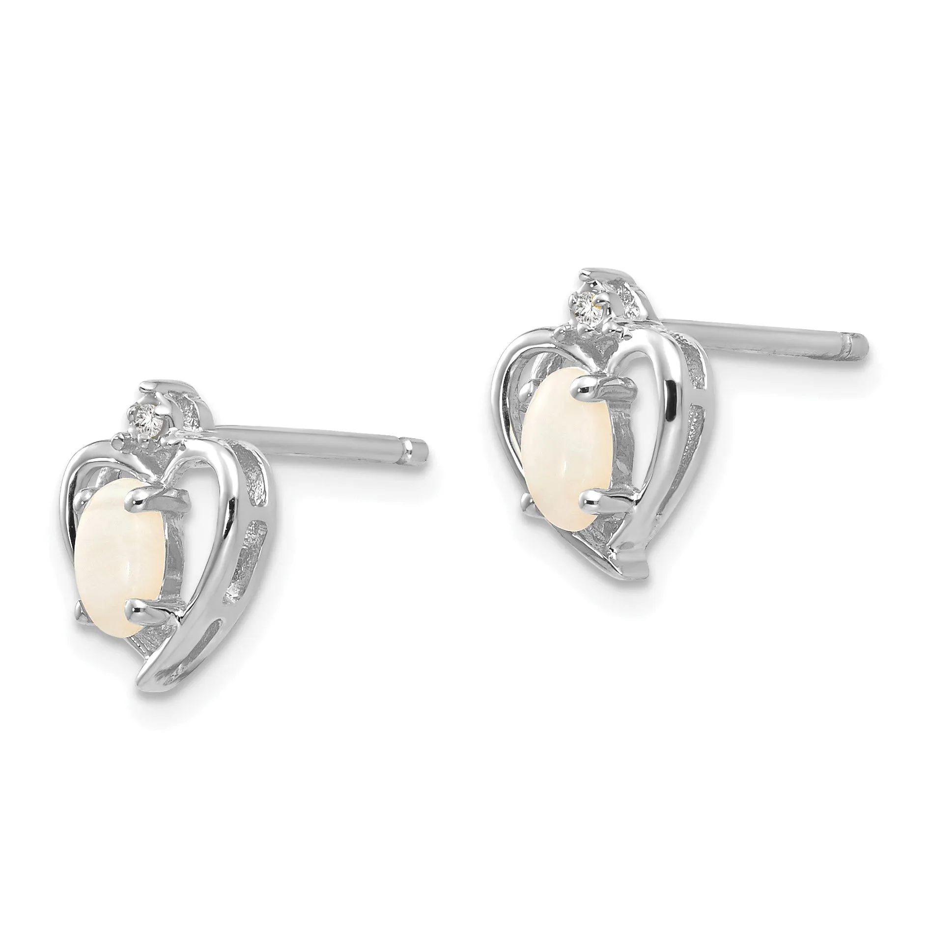 14k White Gold Diamond & Genuine Opal Heart Stud Earrings