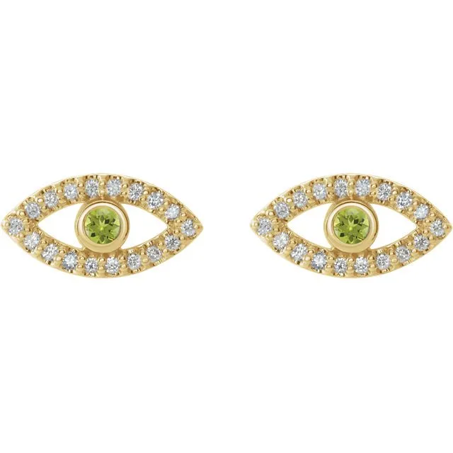 14KT GOLD .10 CTW PERIDOT & .18 CTW DIAMOND EVIL EYE EARRINGS