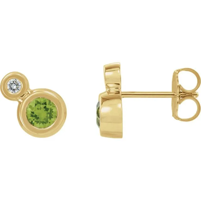 14KT GOLD 1/4 CTW PERIDOT & .03 CTW DIAMOND BEZEL EARRINGS