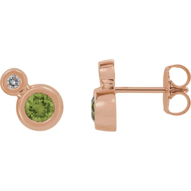 14KT GOLD 1/4 CTW PERIDOT & .03 CTW DIAMOND BEZEL EARRINGS