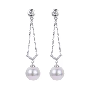 14KW Akoya & Diamond Dangle Earrings w/ 0.17 ctw