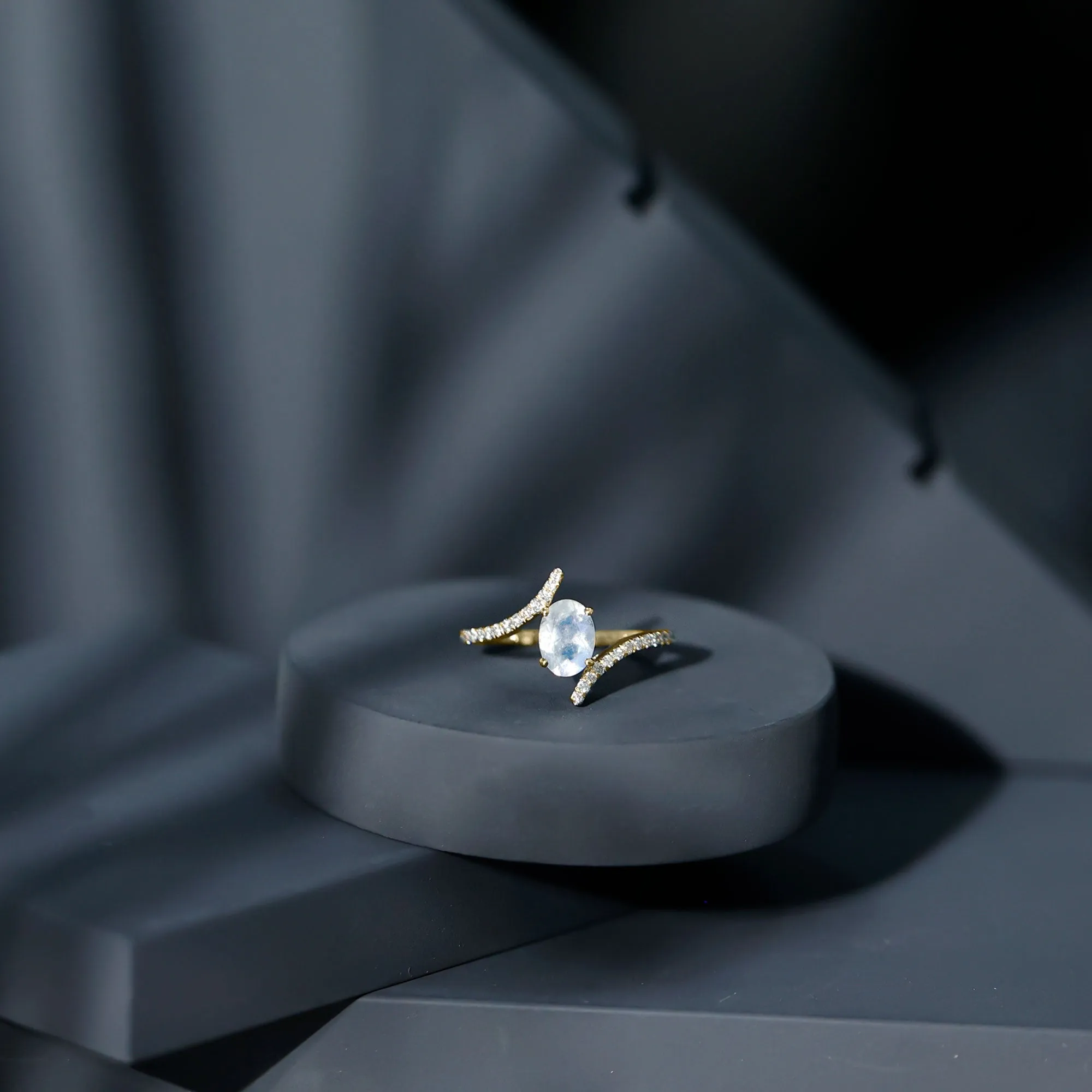 1.50 CT Oval Moonstone Solitaire Bypass Ring with Diamond