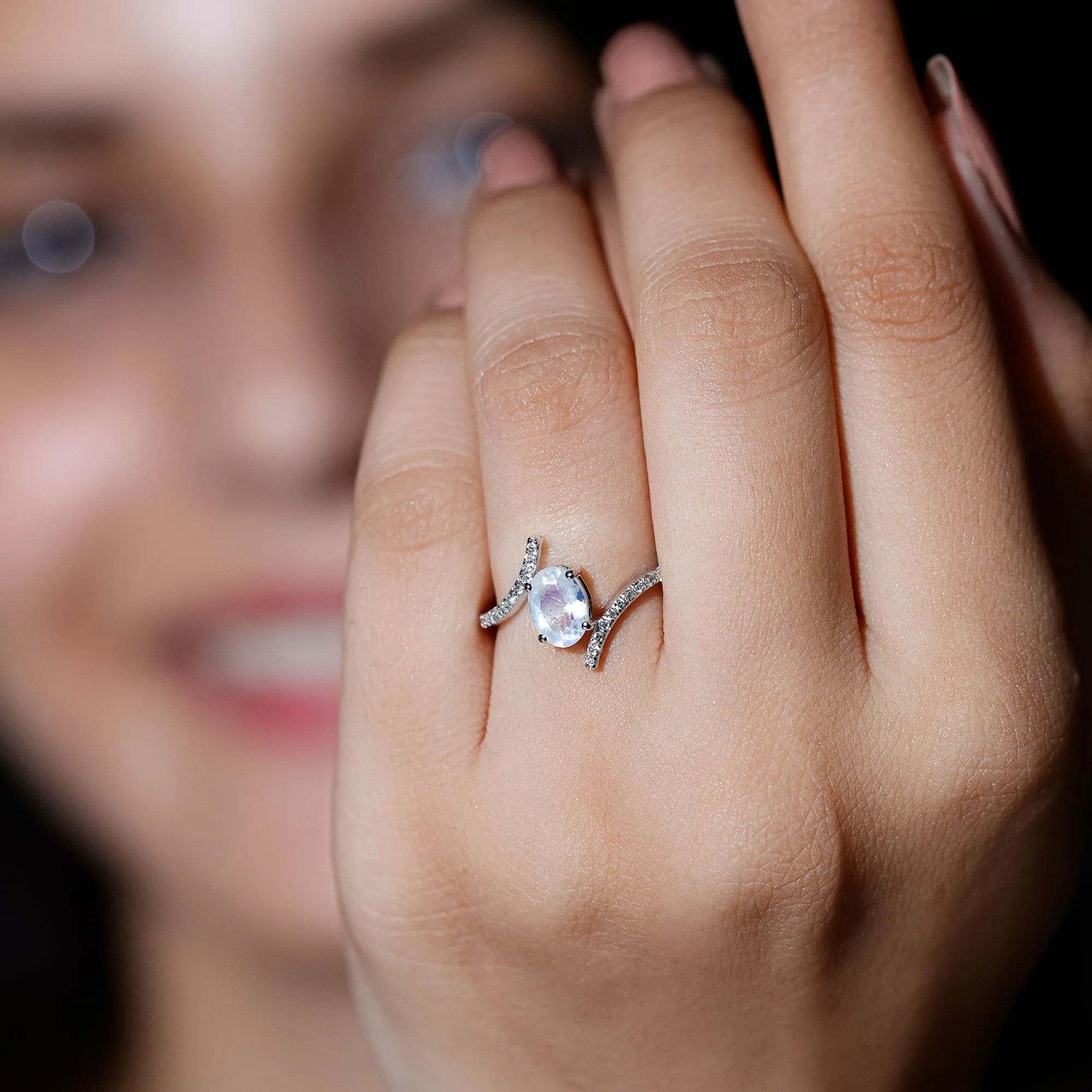 1.50 CT Oval Moonstone Solitaire Bypass Ring with Diamond