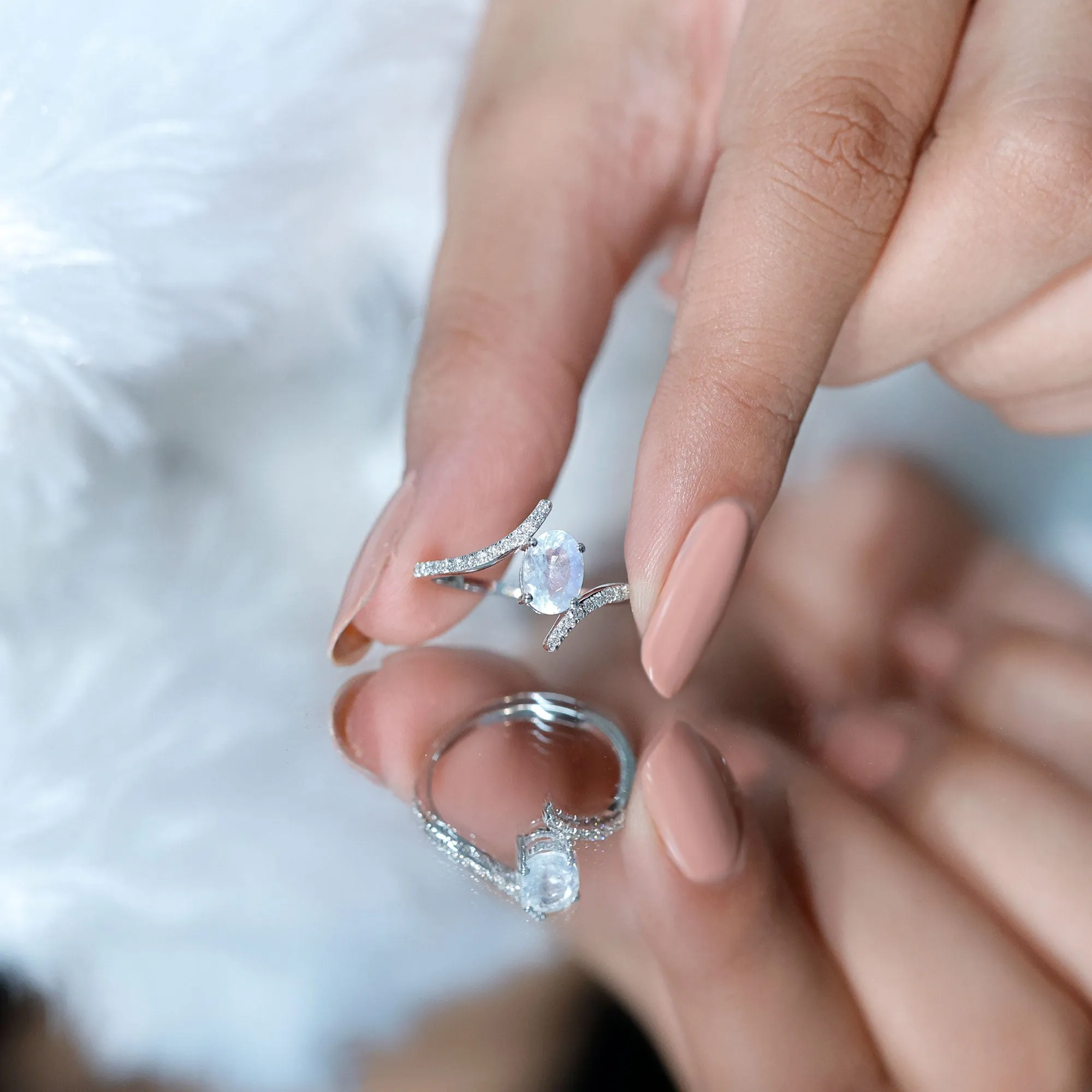 1.50 CT Oval Moonstone Solitaire Bypass Ring with Diamond