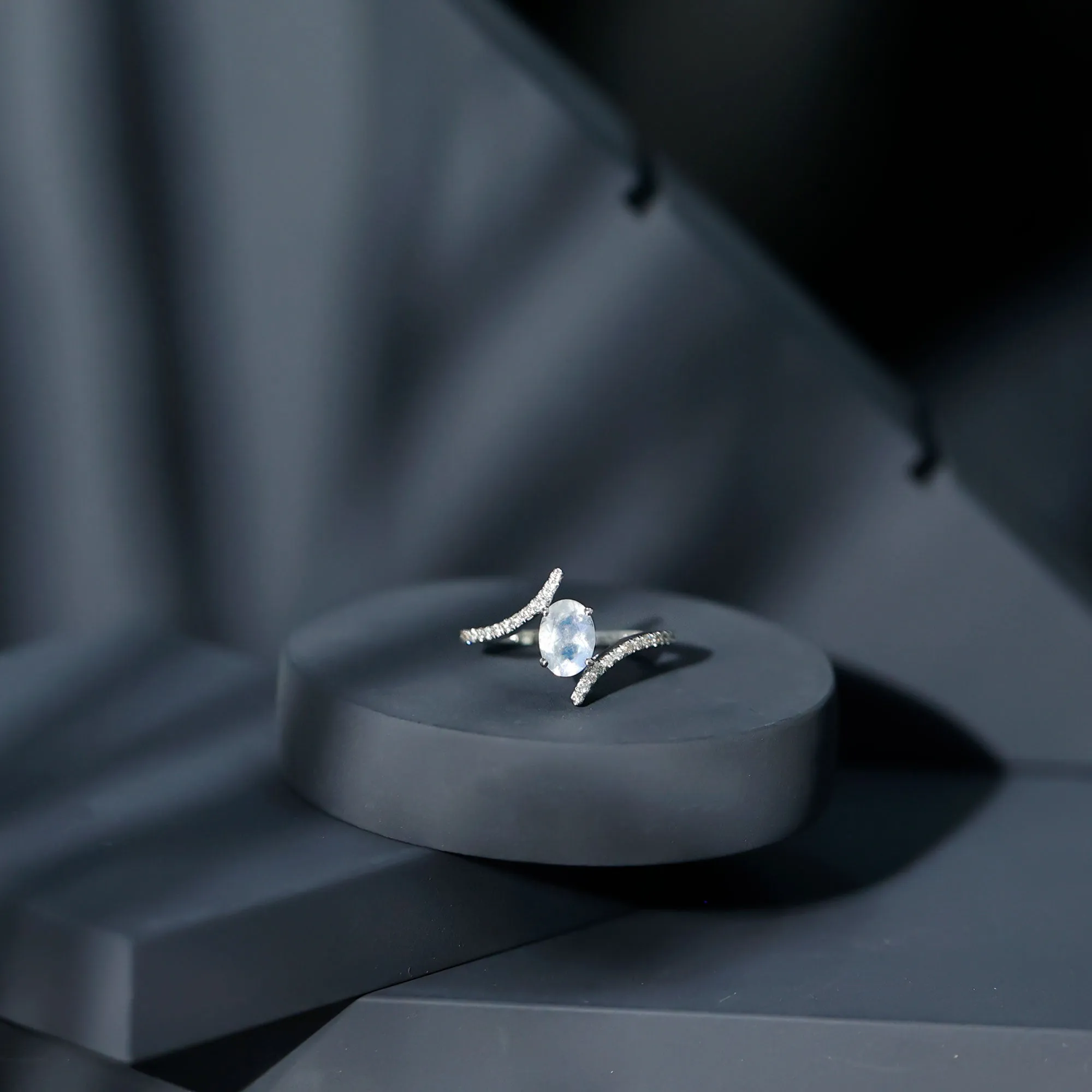 1.50 CT Oval Moonstone Solitaire Bypass Ring with Diamond