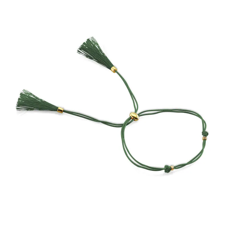 18k Gold Dark Green Tassel Bracelet with Gold Beads