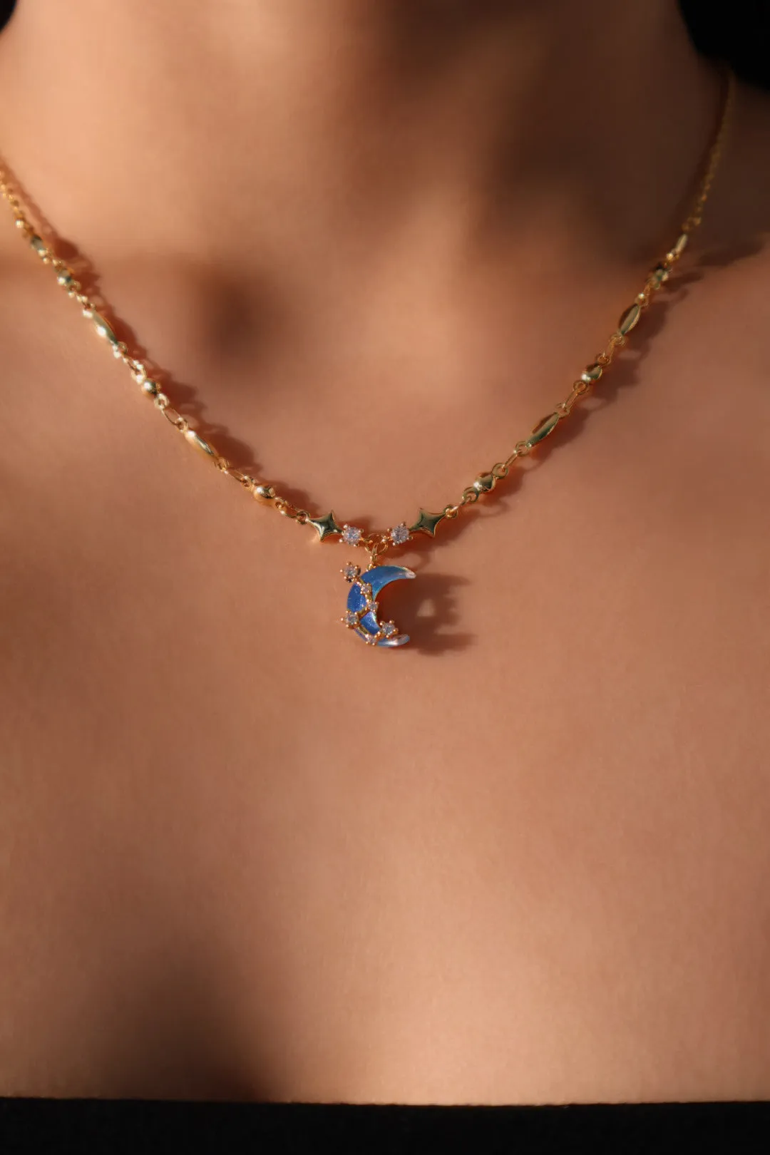 18K Real Gold Plated Moonstone Moon Star Necklace