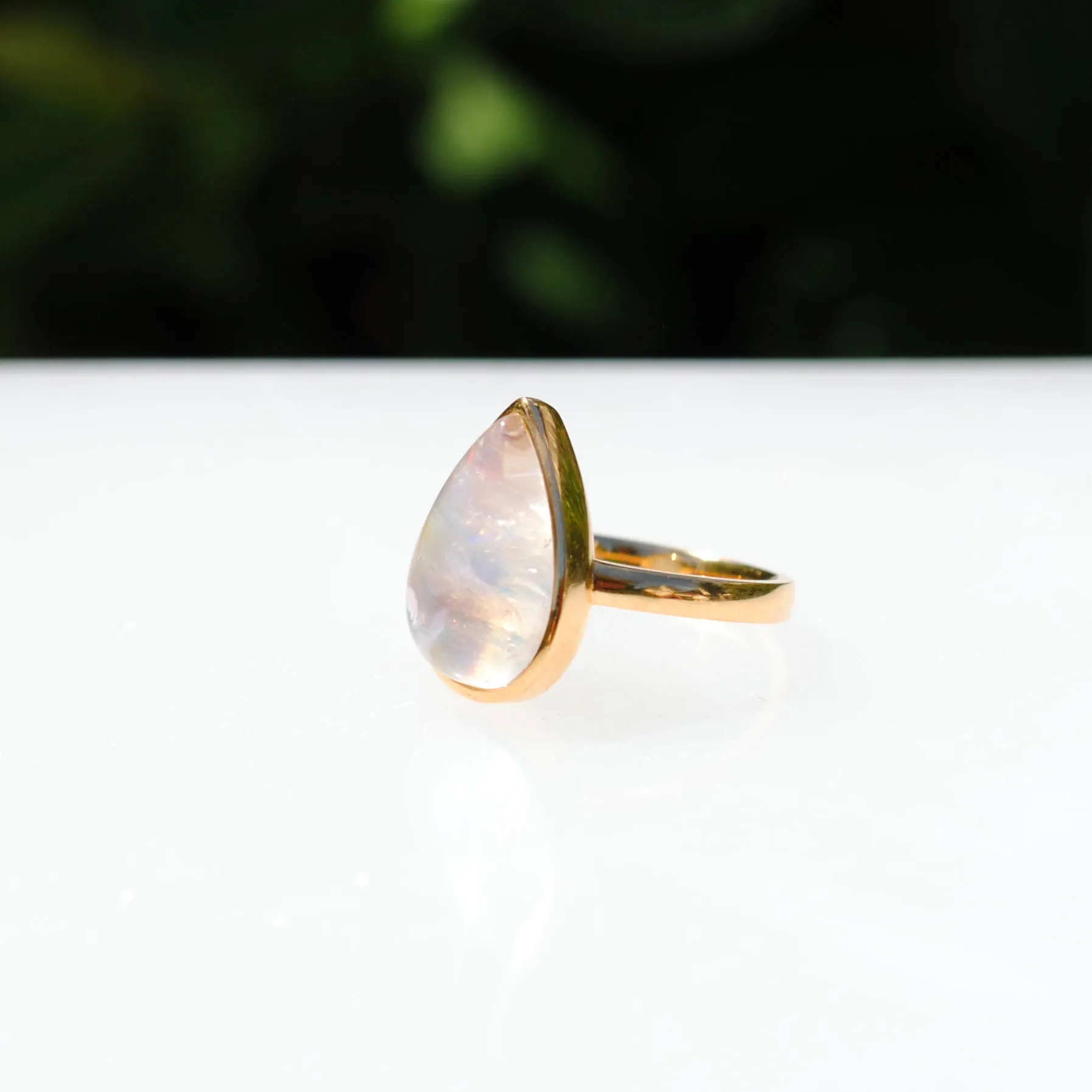 18k Yellow Gold Rainbow Moonstone Teardrop Ring