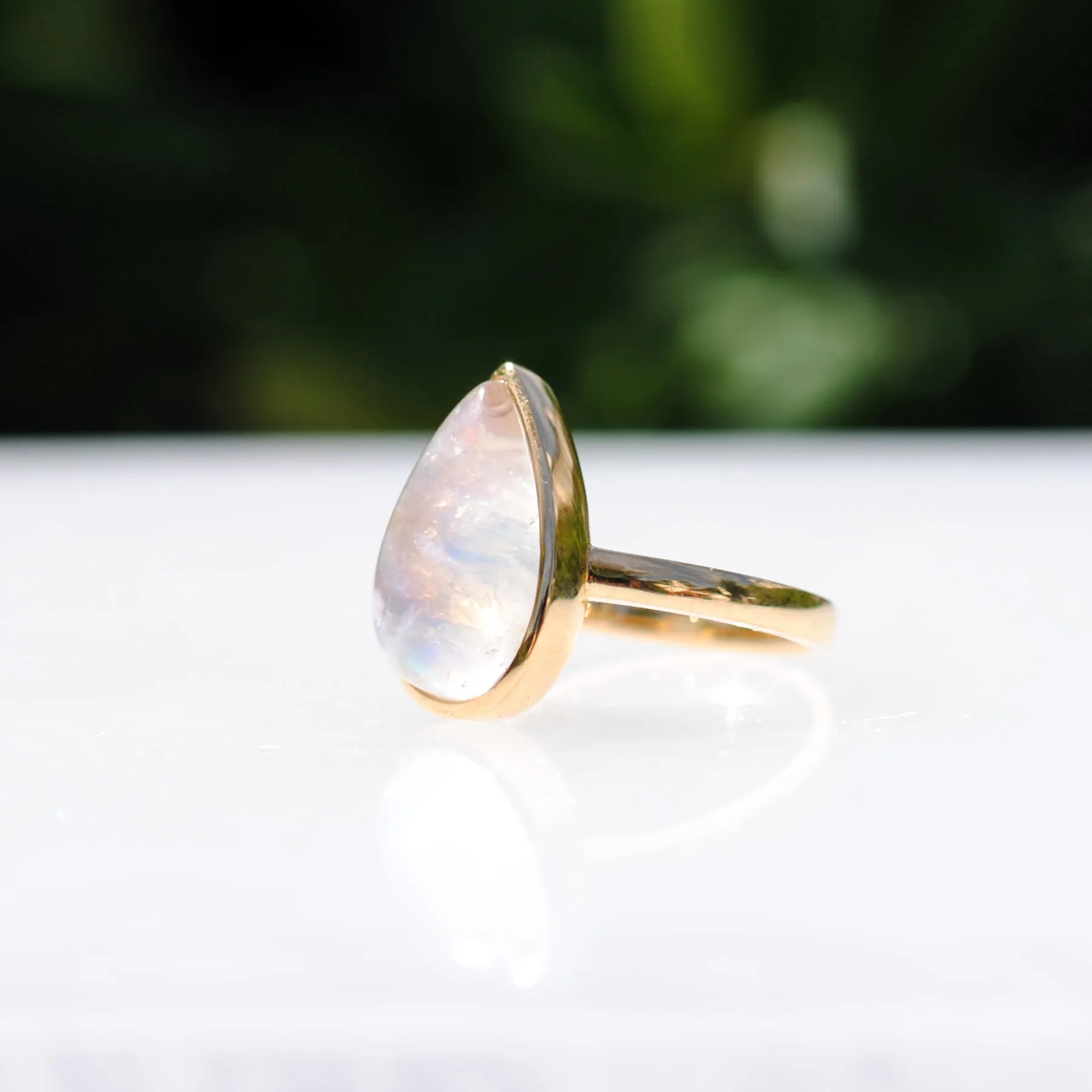 18k Yellow Gold Rainbow Moonstone Teardrop Ring