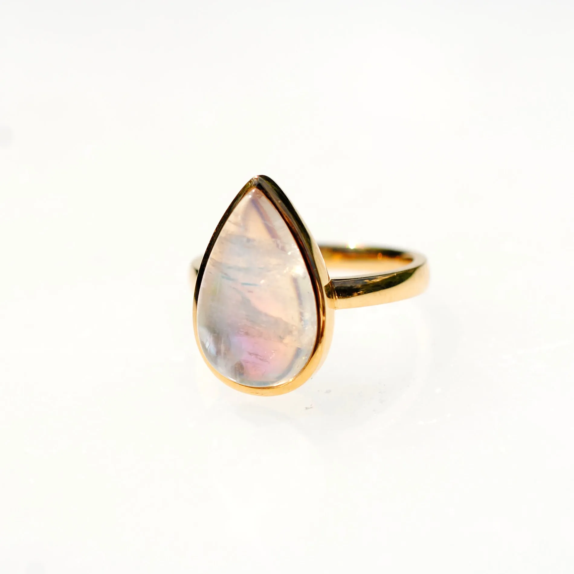 18k Yellow Gold Rainbow Moonstone Teardrop Ring