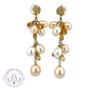 18kt Yellow Gold dangling Pearl, Diamond and Citrine earrings