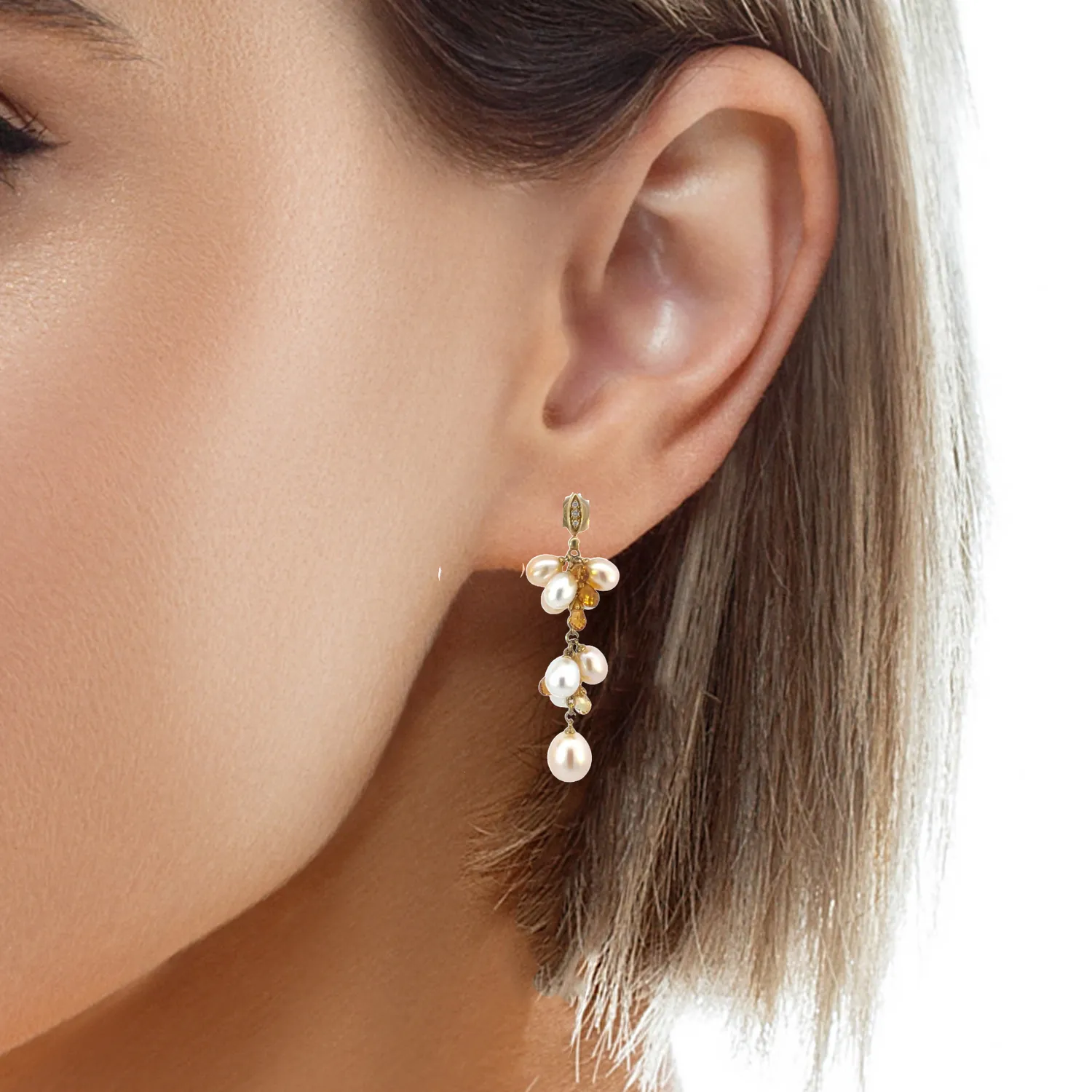 18kt Yellow Gold dangling Pearl, Diamond and Citrine earrings