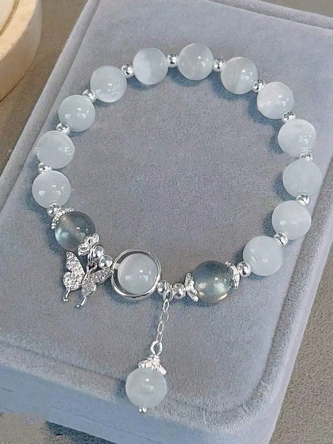 1pc Faux Moonstone Crystal Butterfly Charm Bracelet, Versatile & Elegant, Bestie