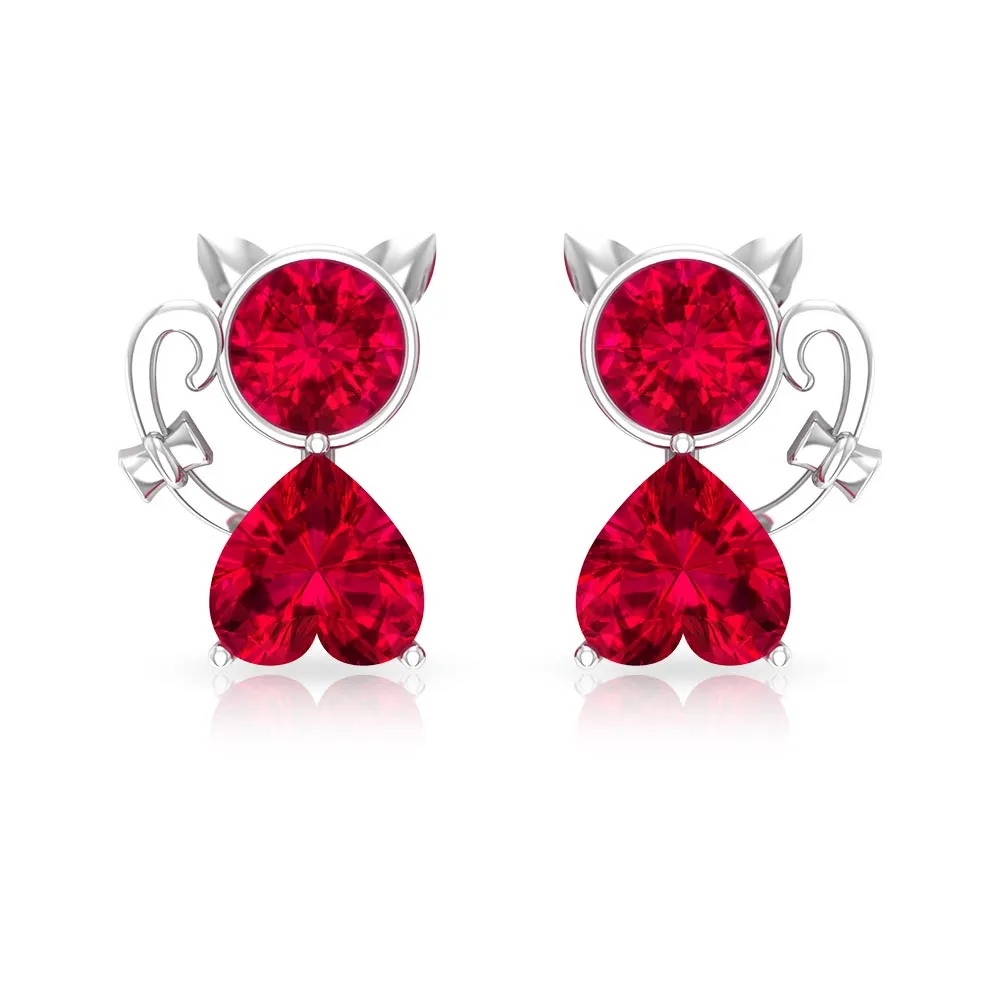 2 CT Kitty Stud Earrings with Round and Heart Shape Created Ruby