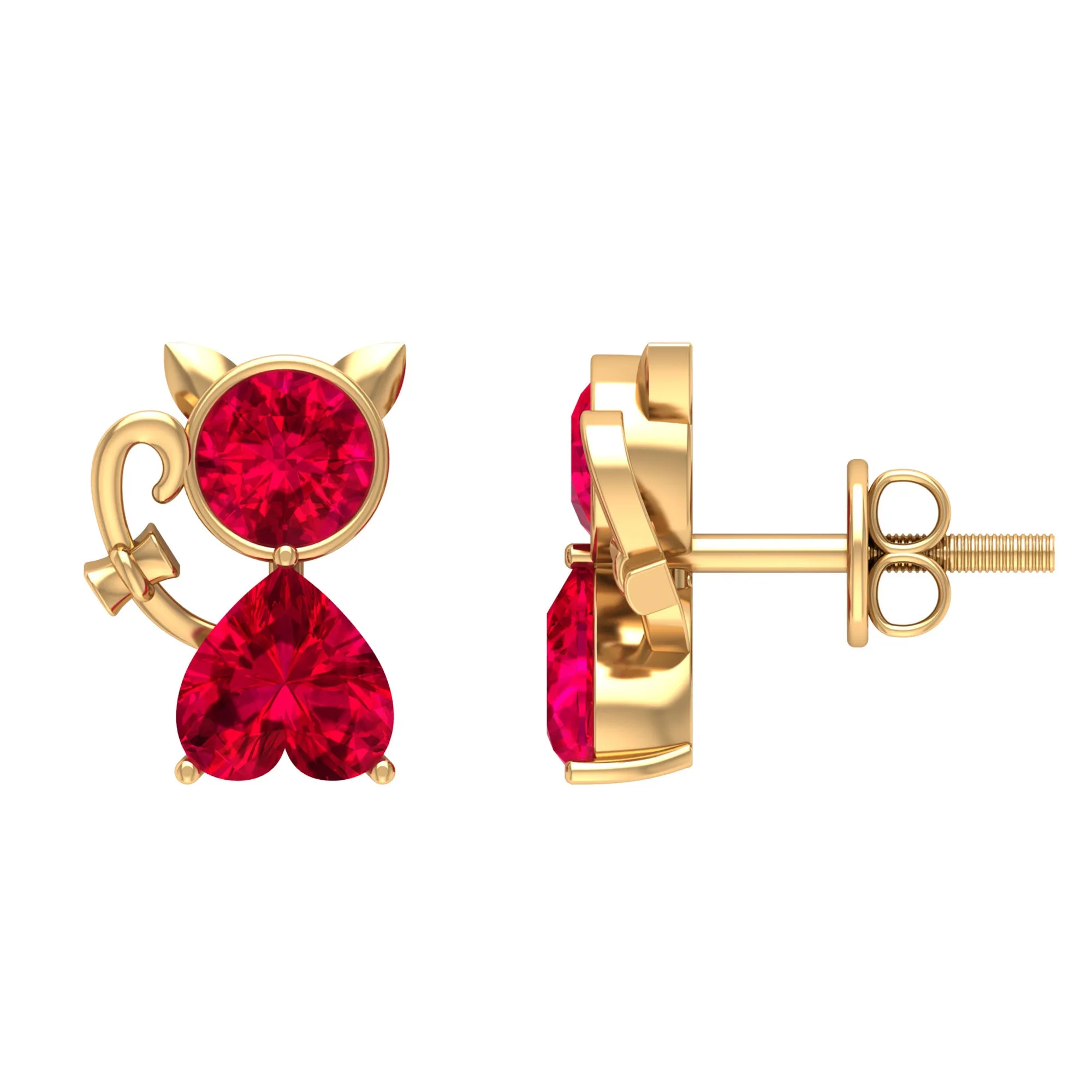 2 CT Kitty Stud Earrings with Round and Heart Shape Created Ruby