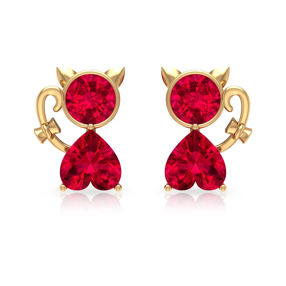 2 CT Kitty Stud Earrings with Round and Heart Shape Created Ruby