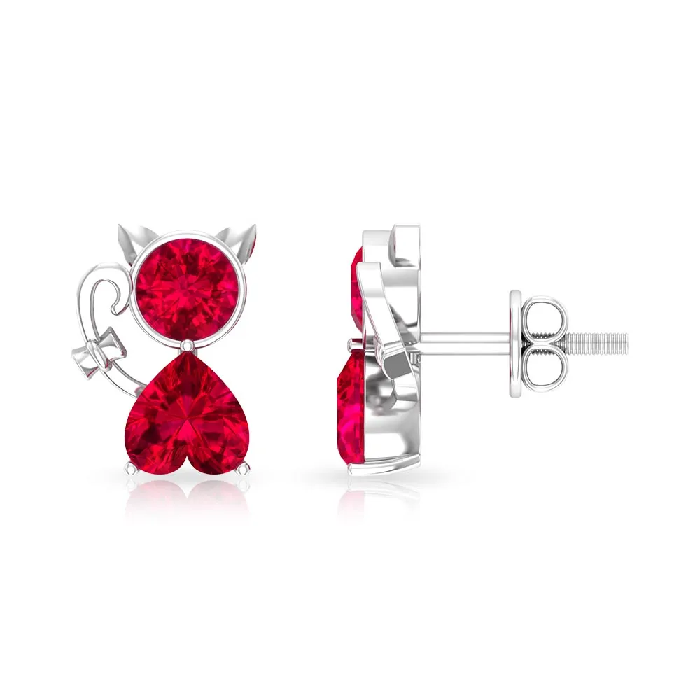 2 CT Kitty Stud Earrings with Round and Heart Shape Created Ruby