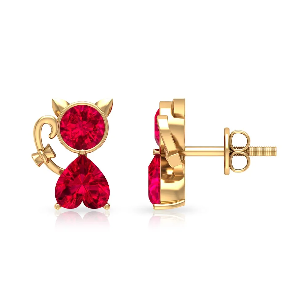 2 CT Kitty Stud Earrings with Round and Heart Shape Created Ruby