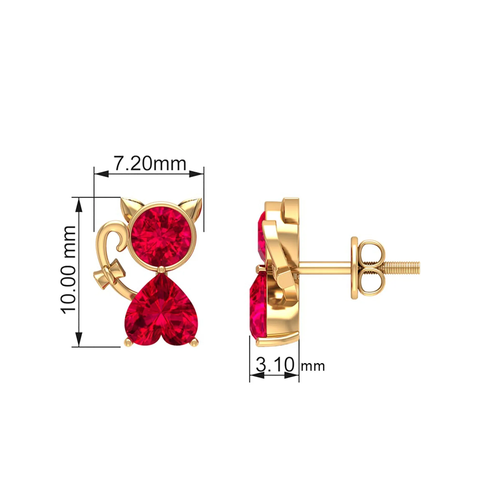 2 CT Kitty Stud Earrings with Round and Heart Shape Created Ruby
