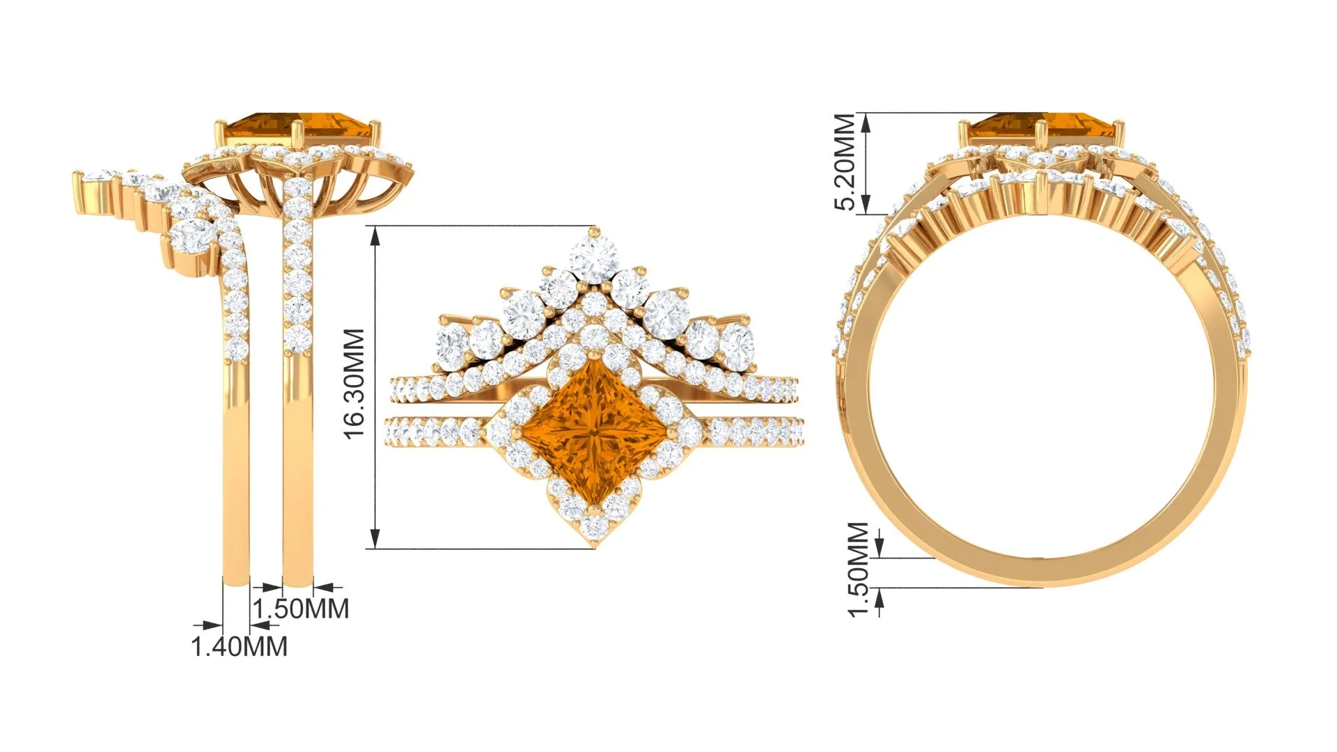 2.25 CT Citrine and Moissanite Statement Wedding Ring Set