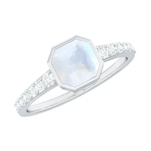3.5 CT Bezel Set Moonstone Solitaire Ring with Diamond Side Stones