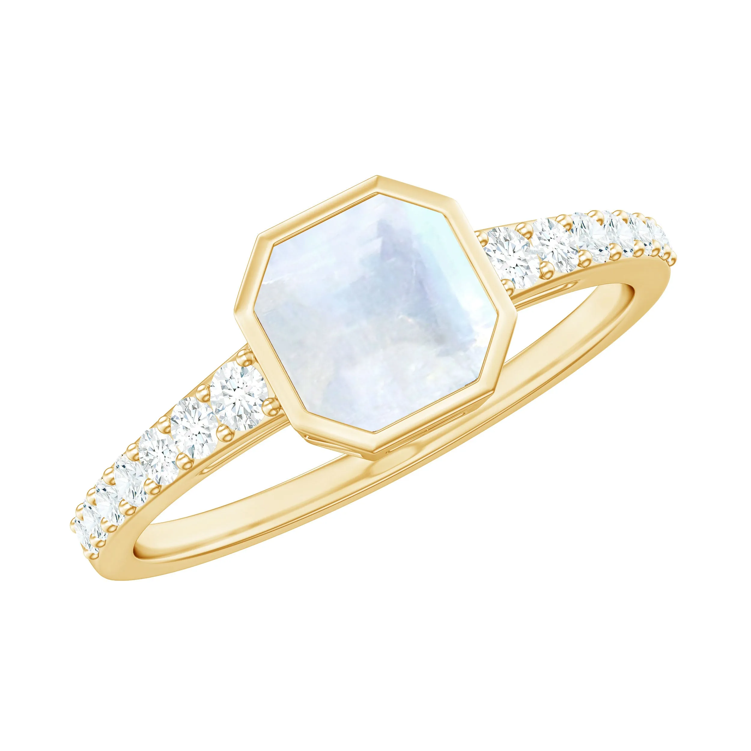 3.5 CT Bezel Set Moonstone Solitaire Ring with Diamond Side Stones