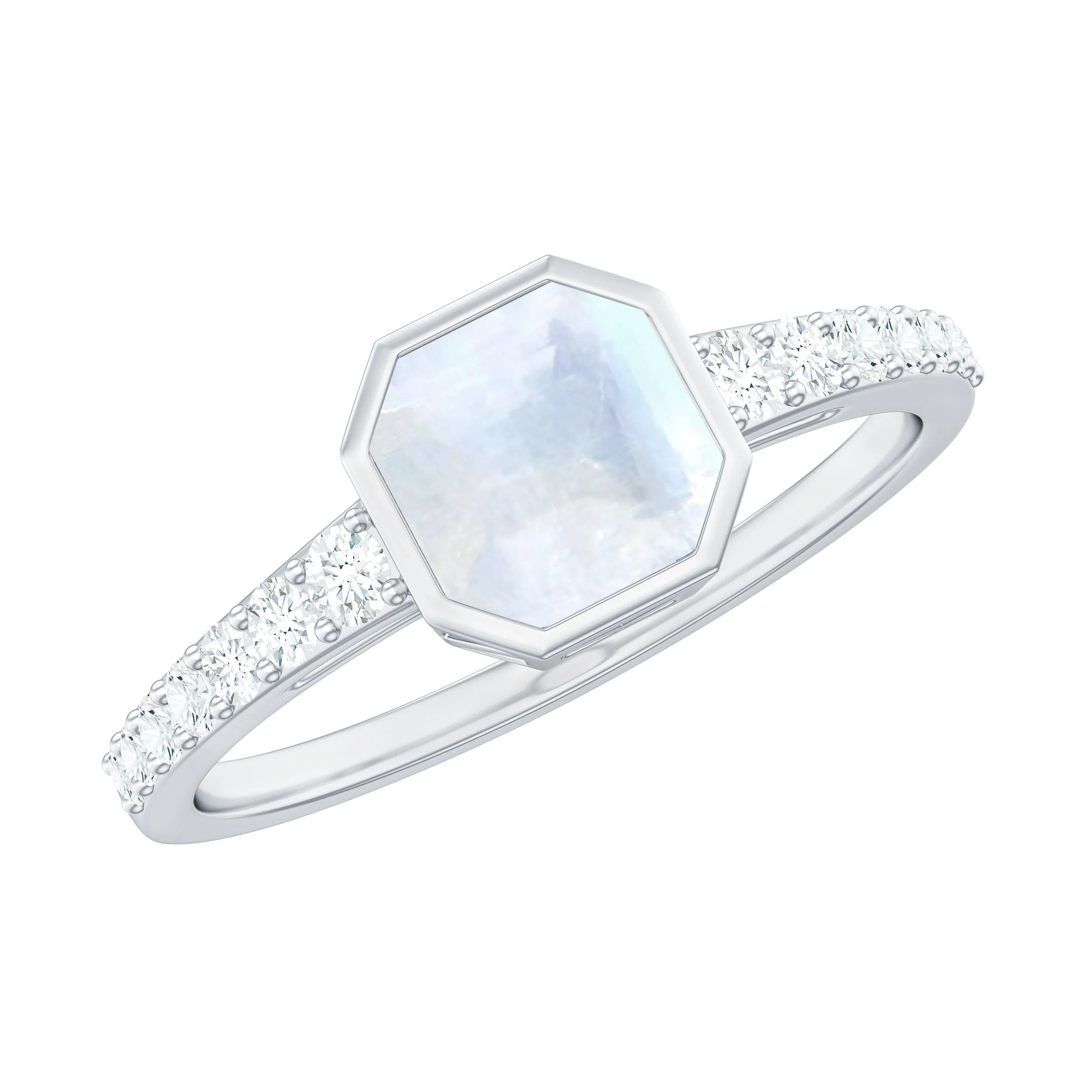 3.5 CT Bezel Set Moonstone Solitaire Ring with Diamond Side Stones