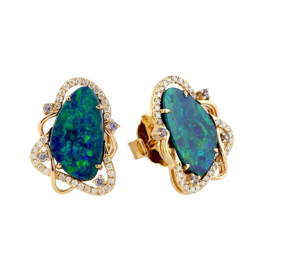 4.00ct Diamond Aqua Australian Opal Tanzanite 18K Gold Stud Earrings