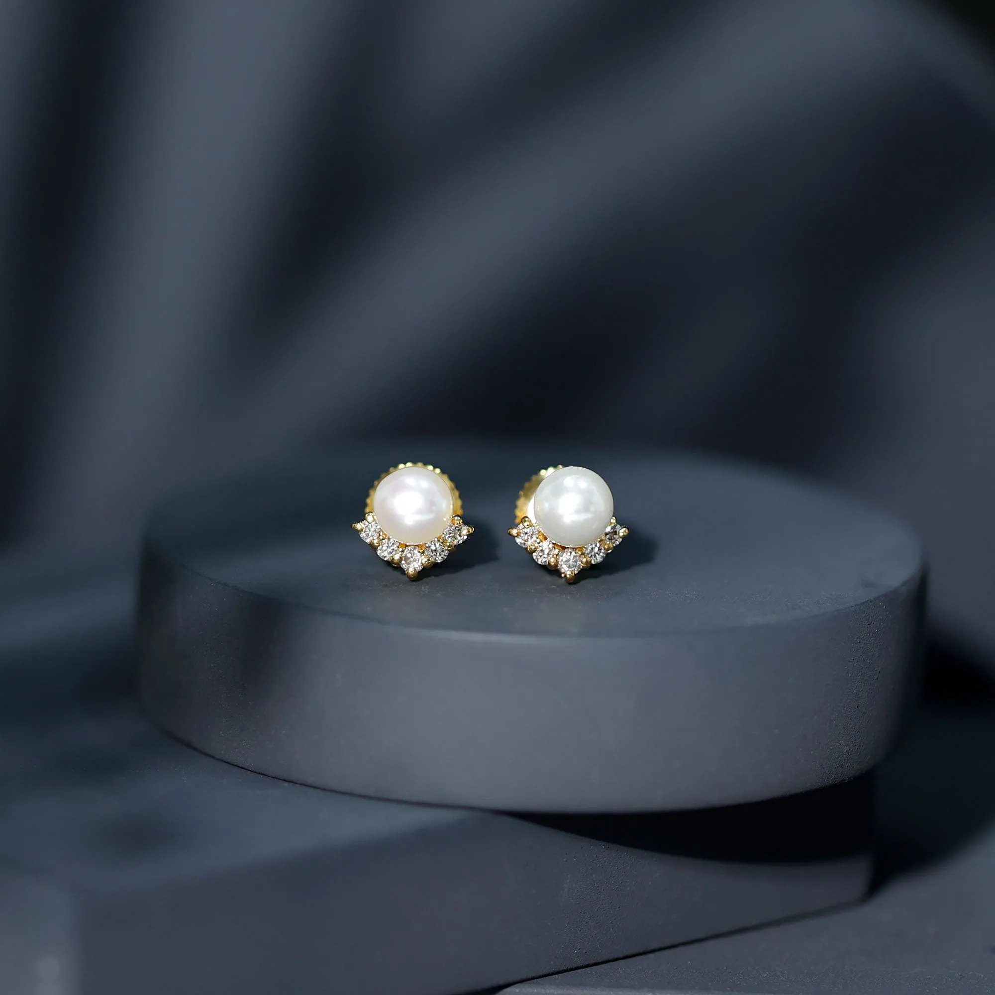 4.25 CT Modern Stud Earrings with Freshwater Pearl and Diamond Accents