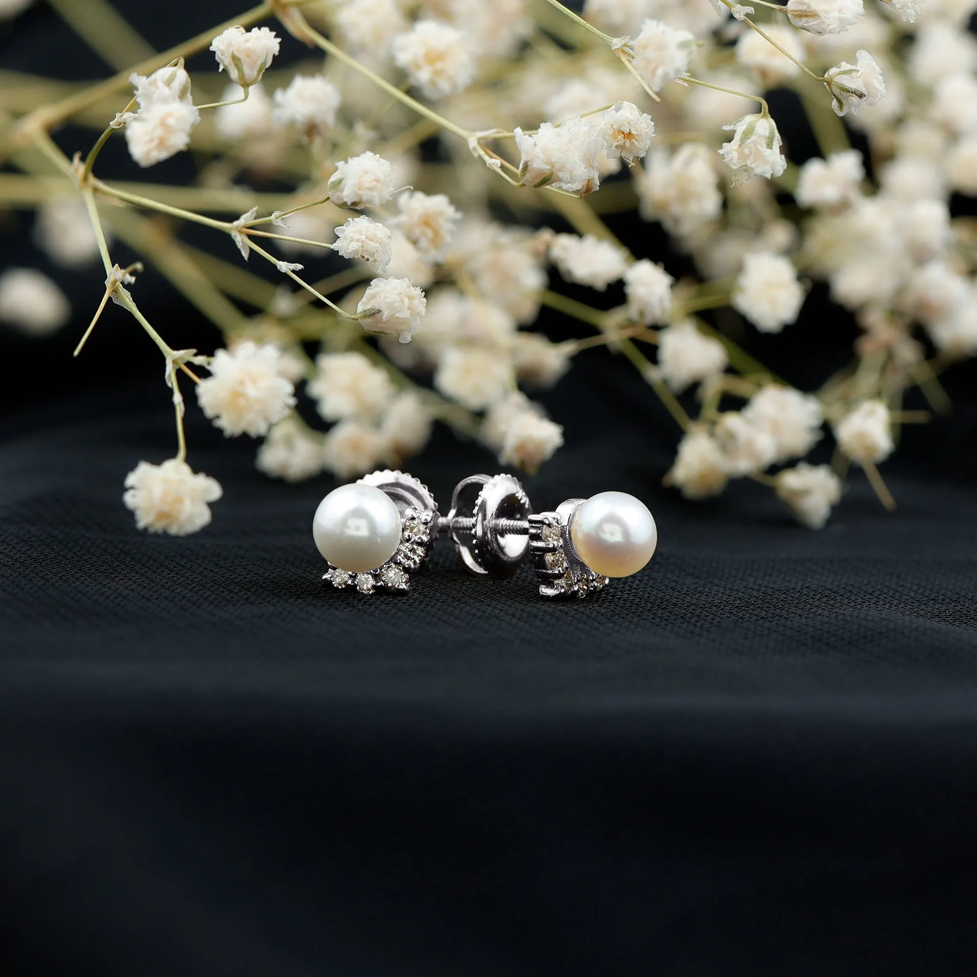 4.25 CT Modern Stud Earrings with Freshwater Pearl and Diamond Accents