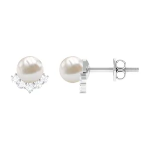 4.25 CT Modern Stud Earrings with Freshwater Pearl and Diamond Accents