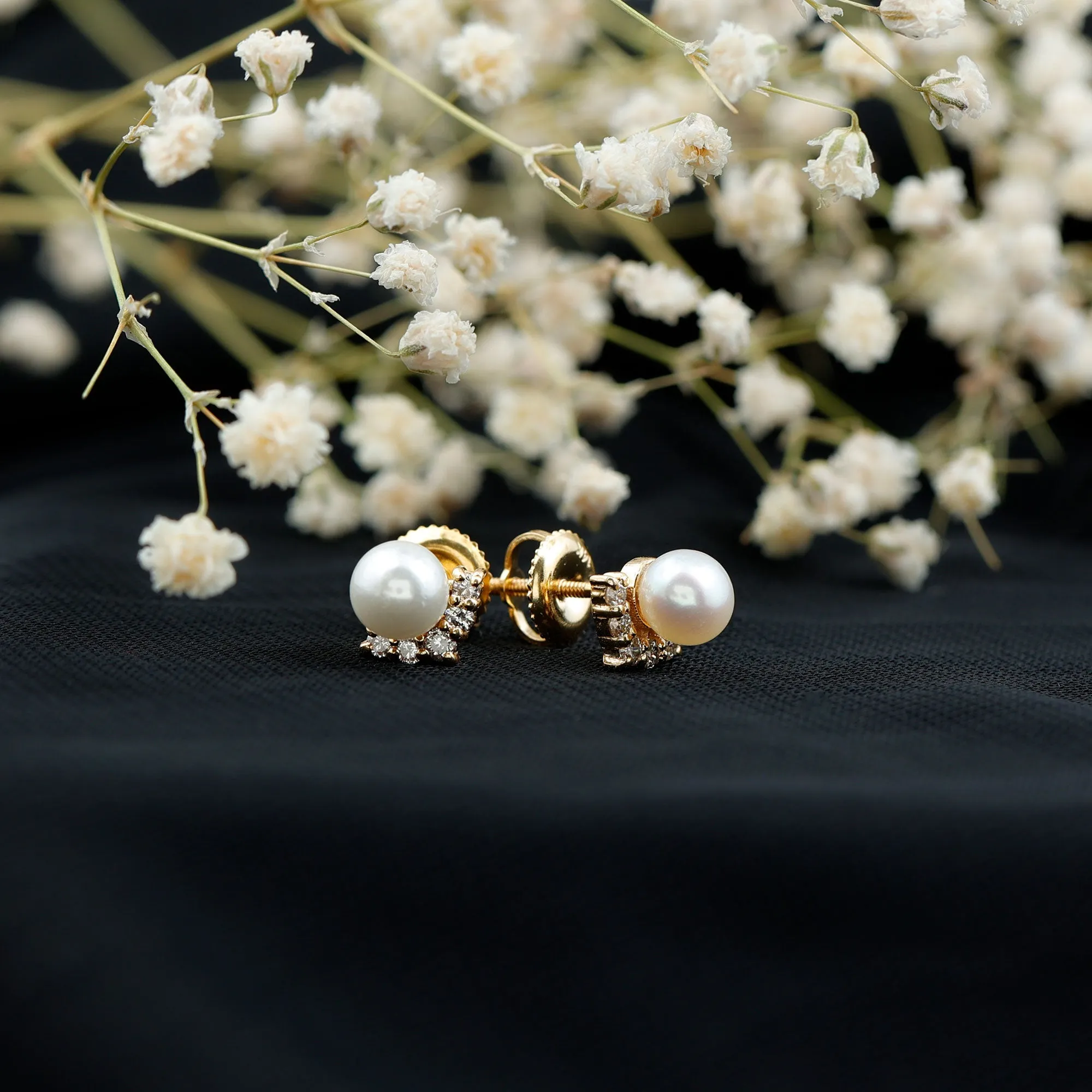 4.25 CT Modern Stud Earrings with Freshwater Pearl and Diamond Accents