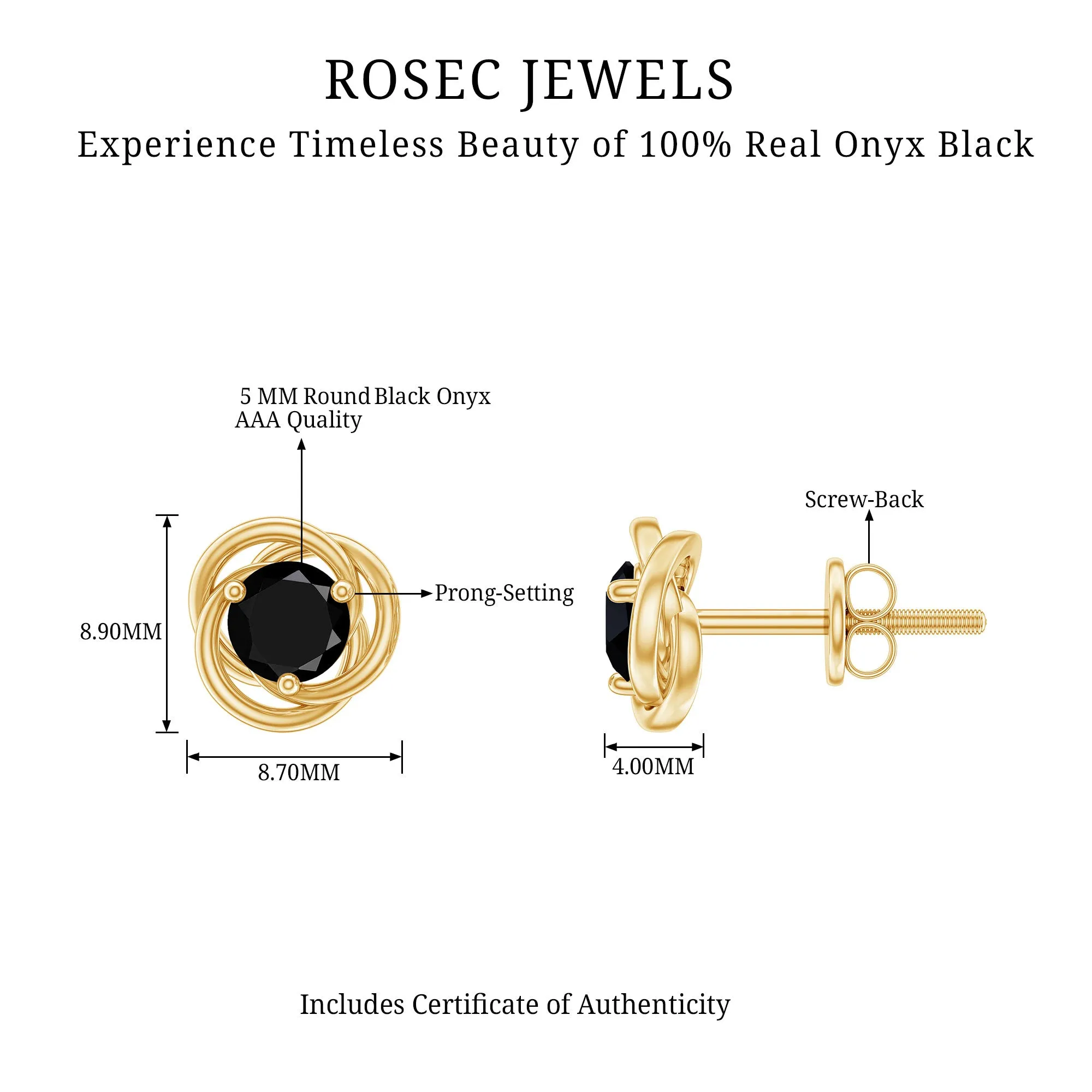 5 MM Black Onyx Solitaire and Gold Swirl Stud Earrings