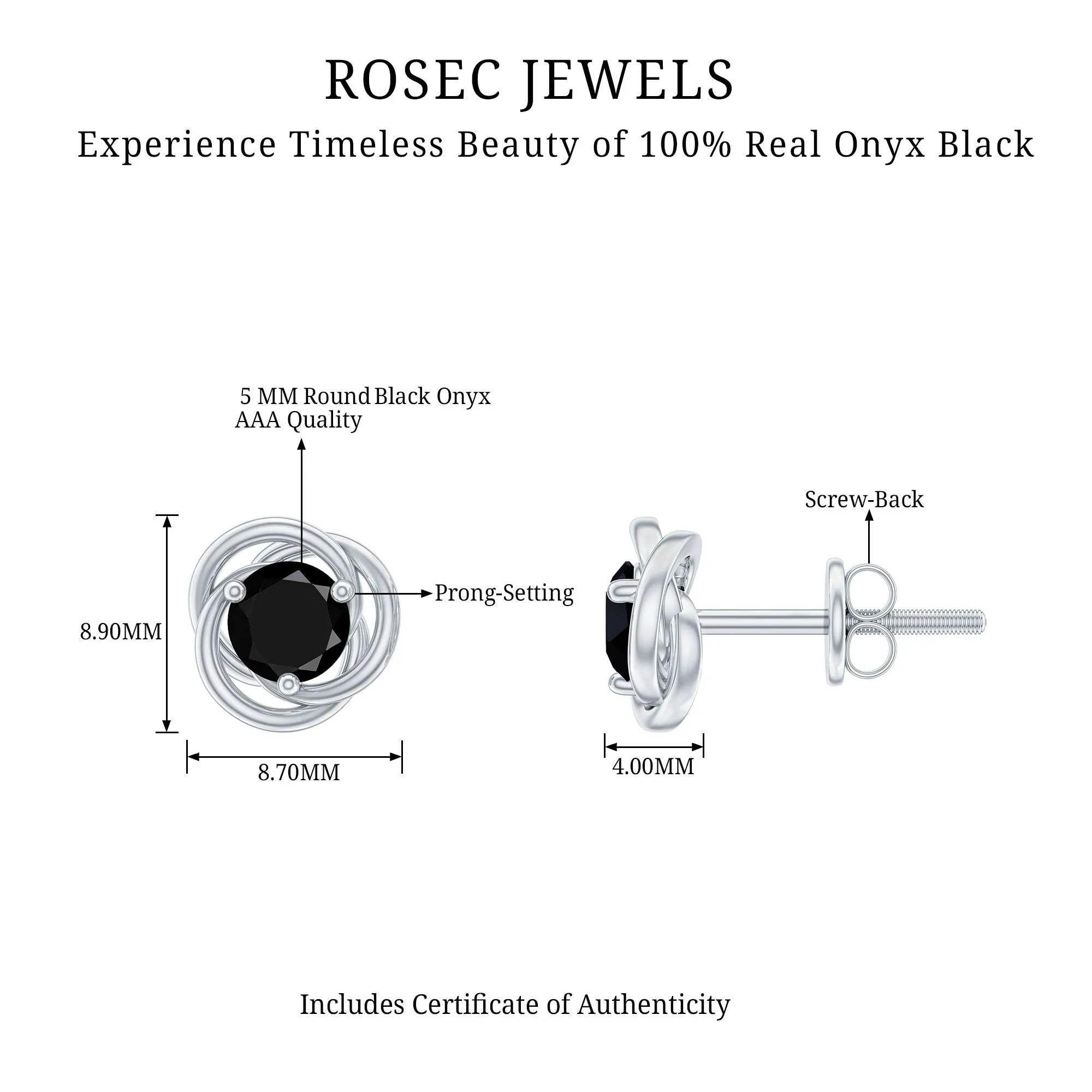 5 MM Black Onyx Solitaire and Gold Swirl Stud Earrings